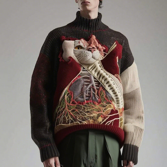 Men's Retro Cat Anatomy Knit Jacquard Turtleneck Sweater
