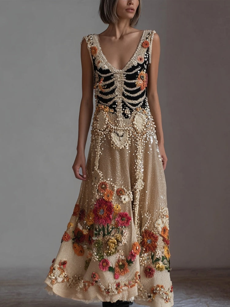 Vintage Skeleton Flowers Glitter V Neck Flowy Maxi Dress