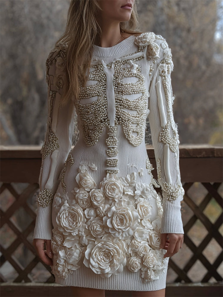 Classy Skeleton White Roses Pearls Beaded Cozy Knit Sweater Dress