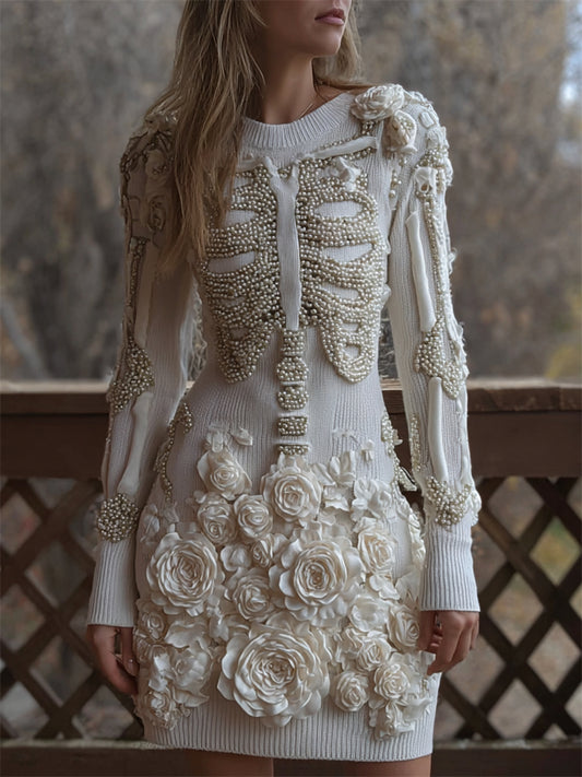 Classy Skeleton White Roses Pearls Beaded Cozy Knit Sweater Dress