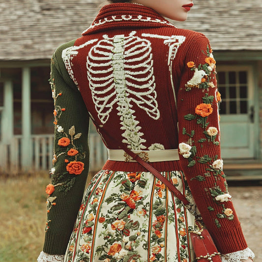 Vintage Halloween Skeleton Floral Button Down Lapel Knitted Sweater Cardigan