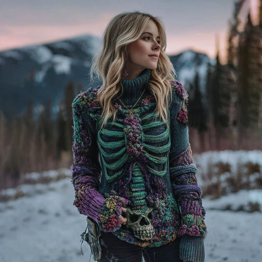 Women's Vintage Purple Skeleton Art Cozy High Neck Sweater