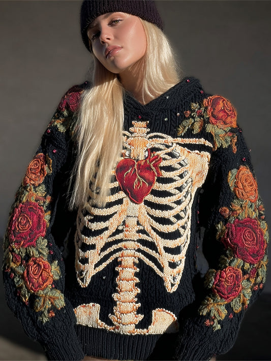 Halloween Human Skeleton & Floral Embroidery Women's Knit Sweater