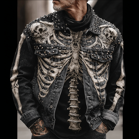Halloween Skeleton And Human Skeleton Pattern Design Men's Denim Jacket