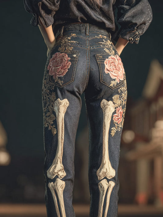 Halloween Vintage Skull Rose Embroidered Jeans