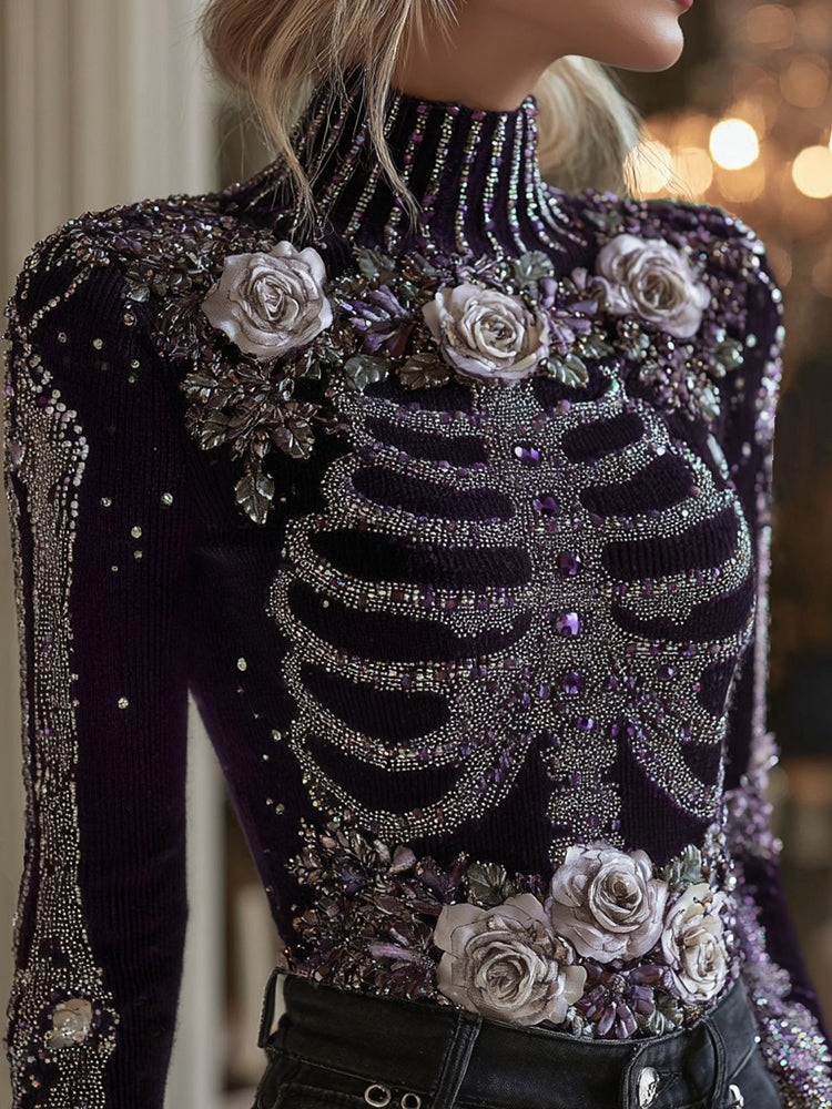 Women's Halloween Bloody Floral & Skeleton Art Turtleneck Slim Sweater