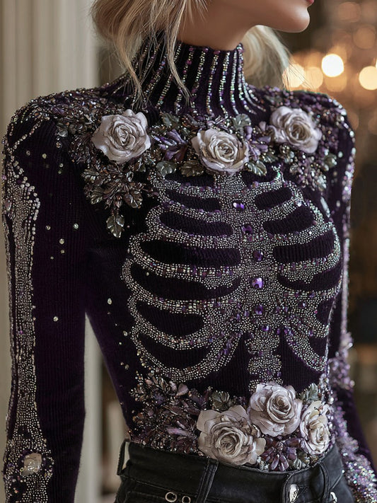 Women's Halloween Bloody Floral & Skeleton Art Turtleneck Slim Sweater