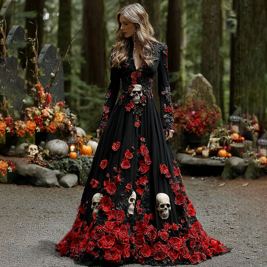 Women's Elegant Red Rose Skull Pattern V-neck Long Sleeve Maxi Dress