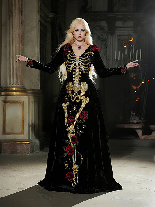 Vampire Queen Skeleton Red Roses Classic Velvet Maxi Dress