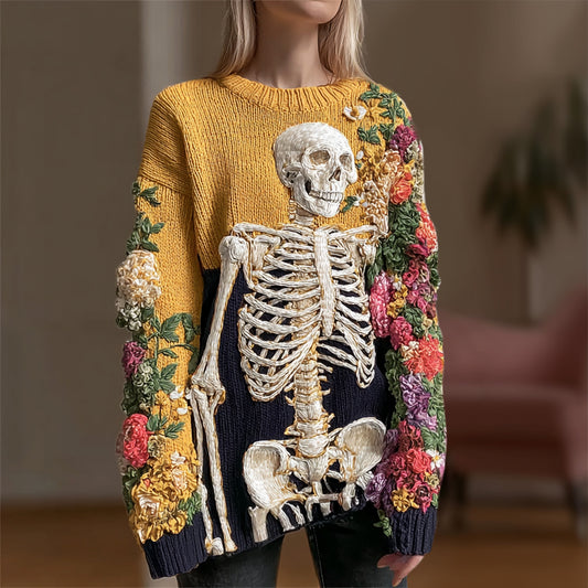 Halloween Skeleton & Floral Embroidery Women's Knit Sweater