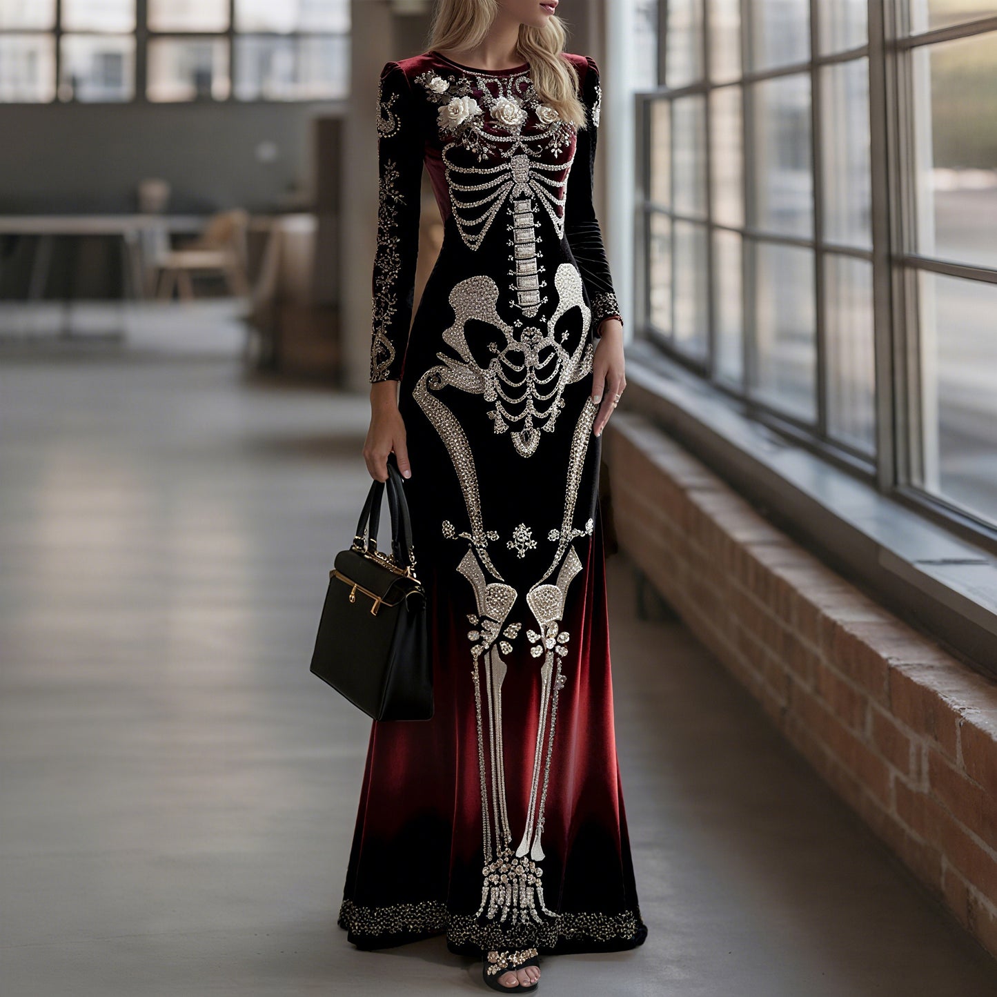 Women's Halloween Dark Gothic Rose Skeleton Velvet Round Neck Maxi Dress