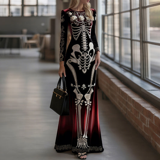 Women's Halloween Dark Gothic Rose Skeleton Velvet Round Neck Maxi Dress