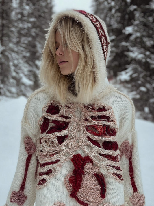 Vintage Halloween Anatomy Art Knit Cozy Hooded Sweater