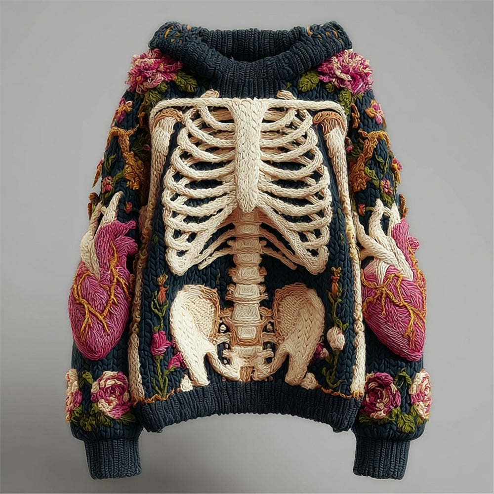 Halloween Skeleton & Floral Embroidery Women's Knit Hooded Sweater