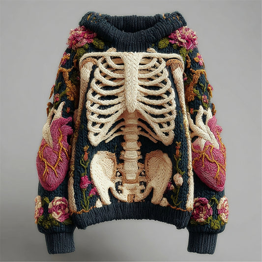 Halloween Skeleton & Floral Embroidery Women's Knit Hooded Sweater