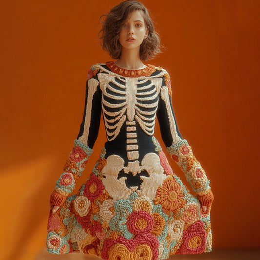 Women's Halloween Warm Tone Skull Rose Embroidered Dress