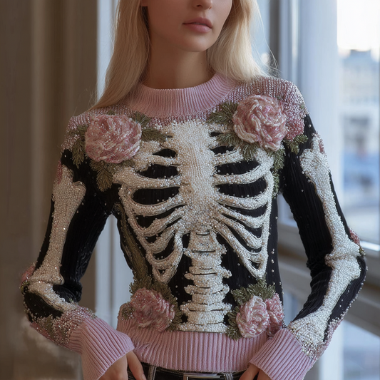 Halloween Skeleton And Plant Flower Pattern Combined Design Women's Knitted Sweater