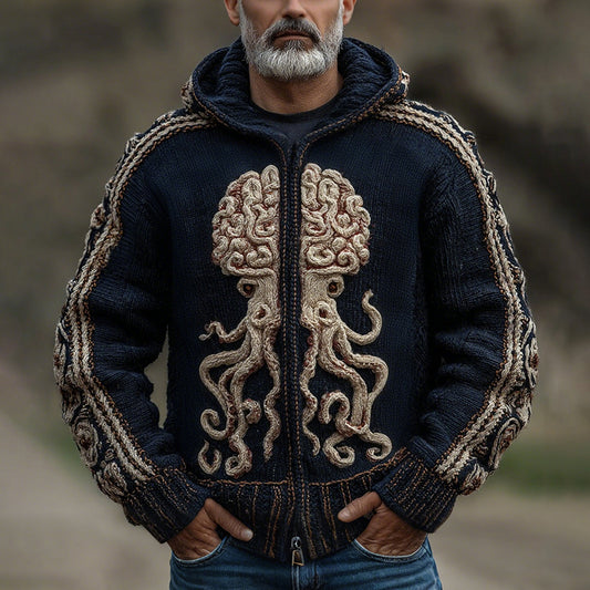 Cthulhu Octopus Human Brain Anatomy Inspired Celtic Knot Jacquard Zipper Hooded Cardigan