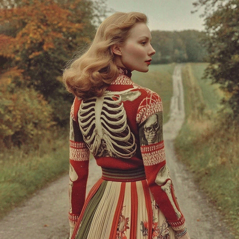 Women's Halloween Skull Ribs Pattern Cozy Turtleneck Sweater