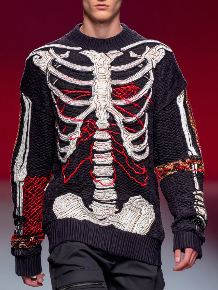 Men's Halloween Skeleton Art Embroidered Comfy Sweater