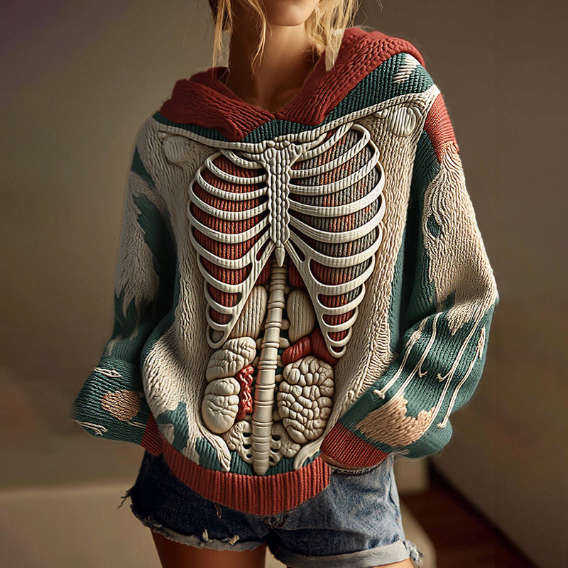 Vintage Halloween Anatomy Art Chunky Knitted Hooded Sweater