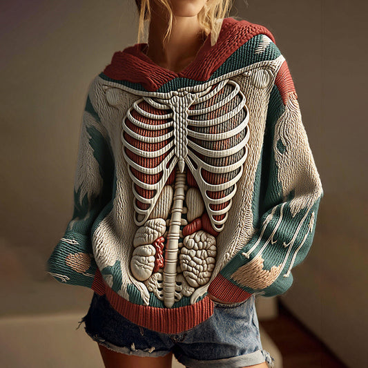 Vintage Halloween Anatomy Art Chunky Knitted Hooded Sweater
