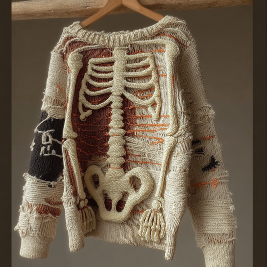 Halloween Skeleton Man Pattern Knit Round Neck Sweater