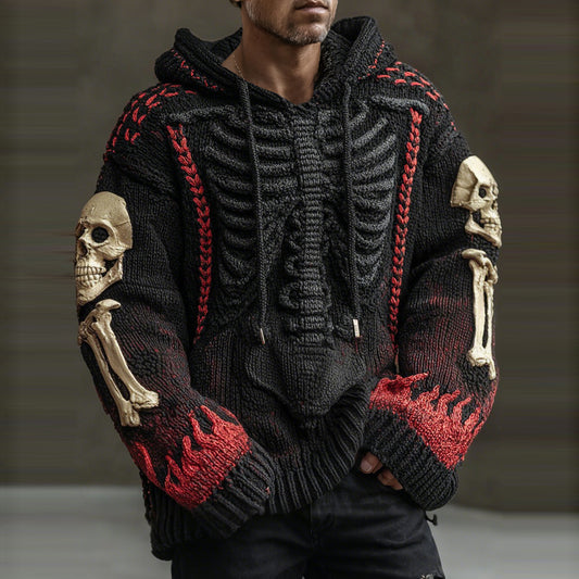 Halloween Skeleton Flame Inspired Jacquard Knit Hooded Sweater