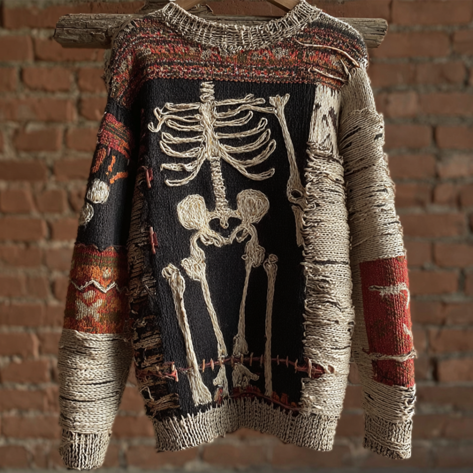 Halloween Skeleton Man Pattern Knit Round Neck Sweater