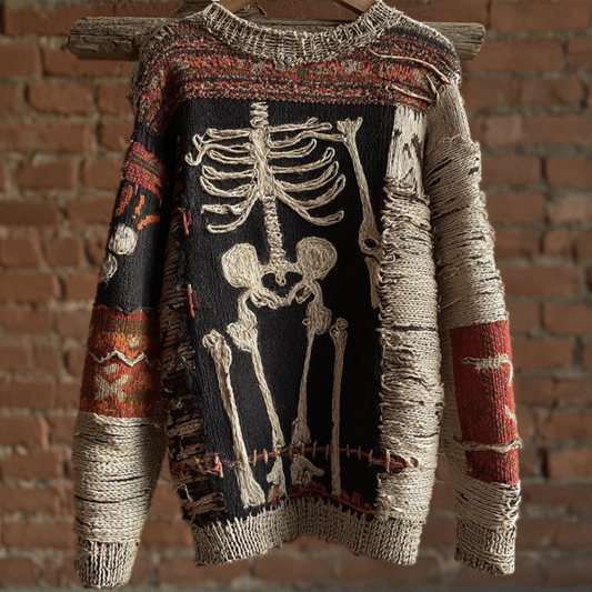 Halloween Skeleton Man Pattern Knit Round Neck Sweater
