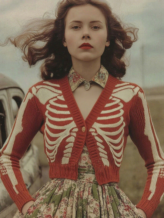 Women's Vintage Skull Ribs Pattern V Neck Cozy Knit Sweater Cardigan