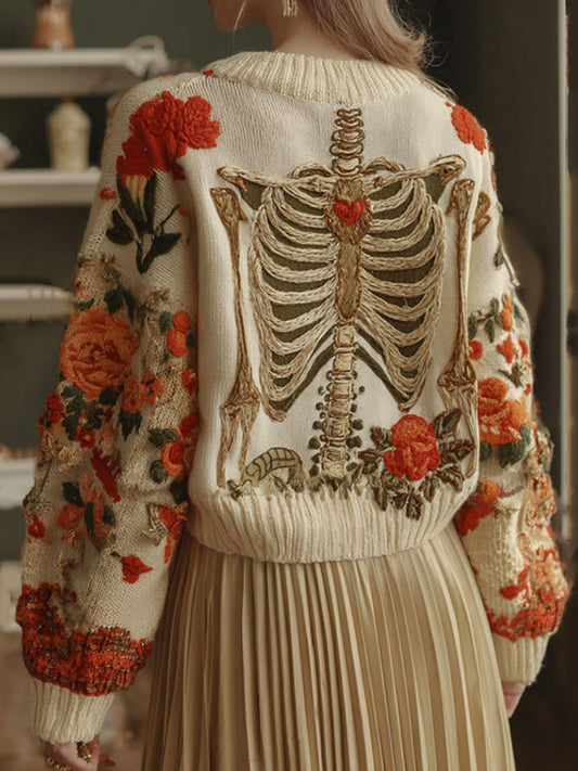 Women's Skeleton & Floral Embroidery Art Crew Neck Cozy Sweater