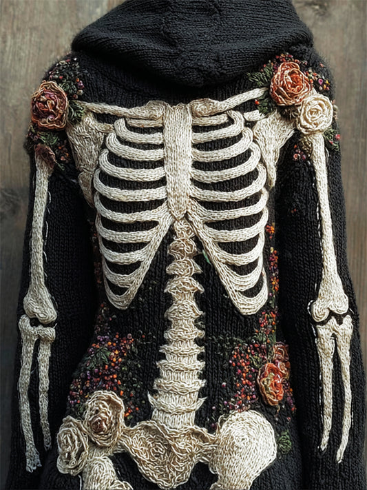 Vintage Skeleton Anatomy Floral Hooded Cozy Knit Sweater