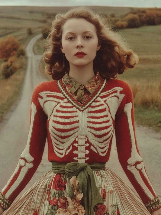 Women's Vintage Skull Rib Art V Neck Knit Pullover Sweater