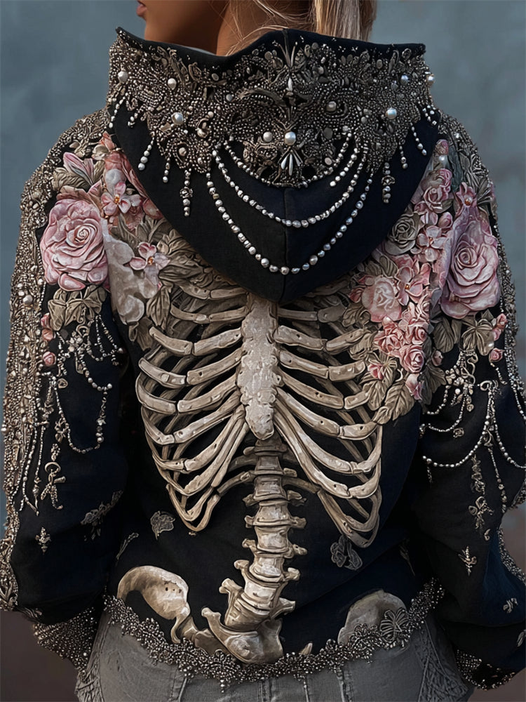 Skeleton Pink Floral Elegant Beaded Cozy Hoodie