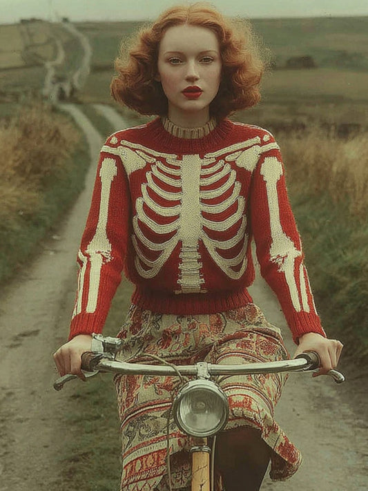 Women's Classic Vintage Skull Rib Art Cozy Knit Pullover Sweater