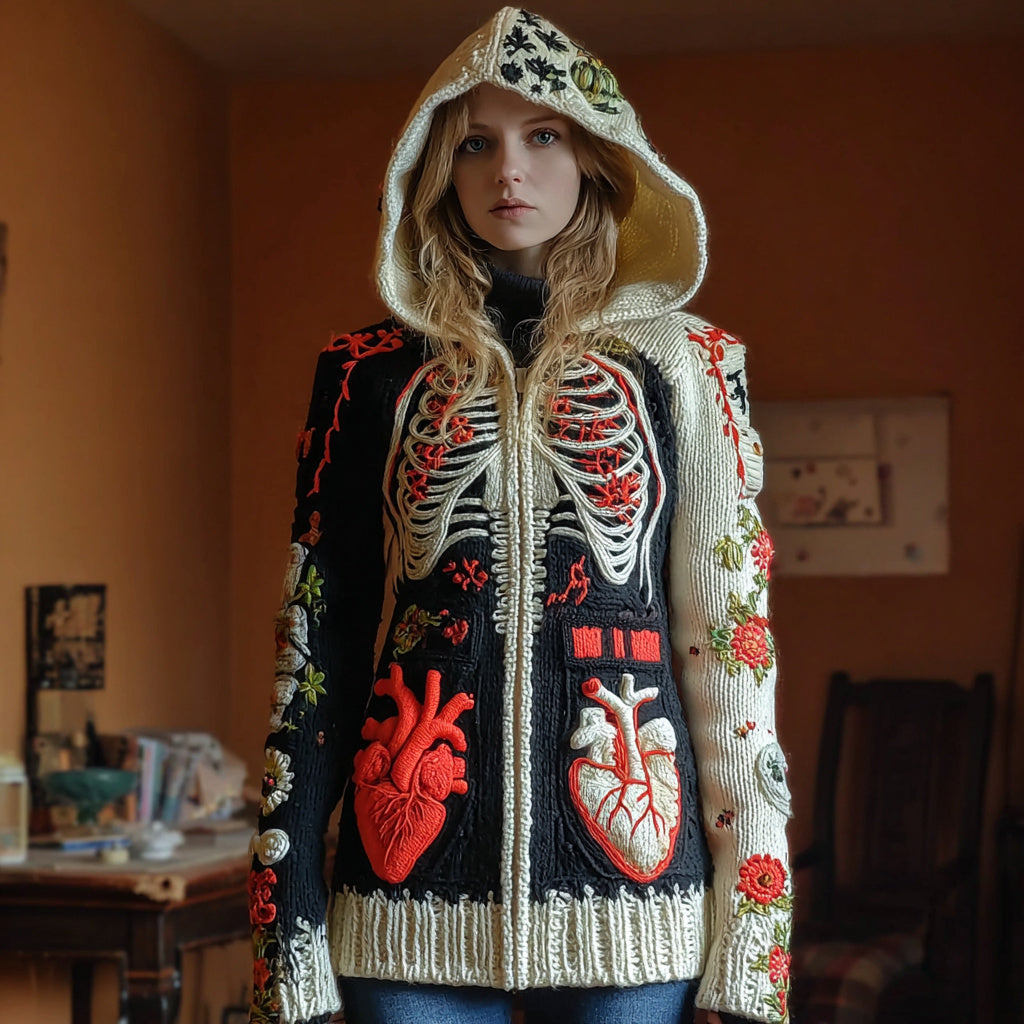 Women's Skull Rib Flower Embroidery Art Cozy Knit Zip Up Hooded Sweater