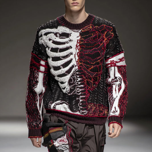 Men's Halloween Skeleton Art Embroidered Cozy Sweater