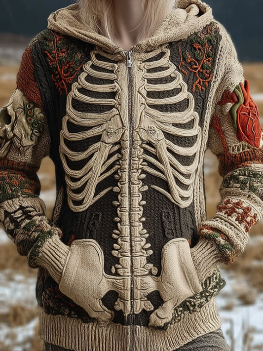 Halloween Skeleton Pattern Women's Knit Hooded Sweater Jacket