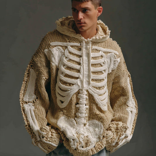 Men's Vintage Skeleton Crochet Cozy Hooded Sweater