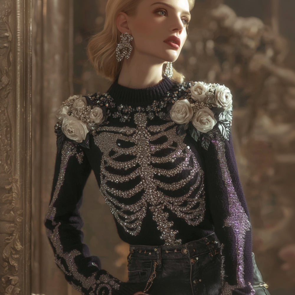 Halloween Anatomy Art Skeleton Flower Round Neck Sweater