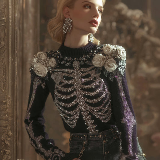 Halloween Anatomy Art Skeleton Flower Round Neck Sweater