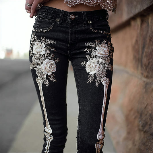 Skeleton Pink Roses Beaded Embroidered Dark Washed Jeans