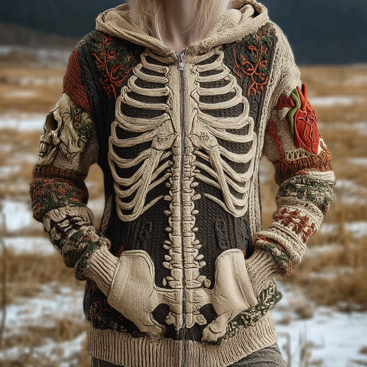 Halloween Skeleton Pattern Women's Knit Hooded Sweater Jacket