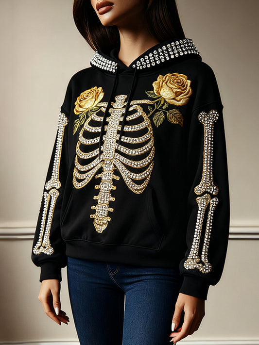 Women's Halloween Yellow Rose Skeleton Casual Hooded