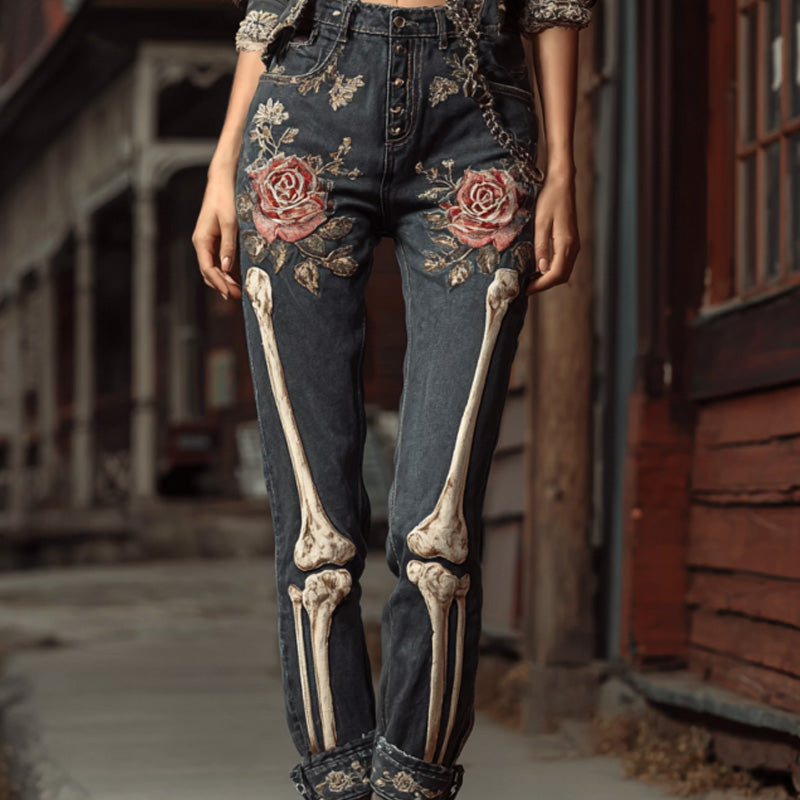Halloween Vintage Skull Rose Embroidered Jeans