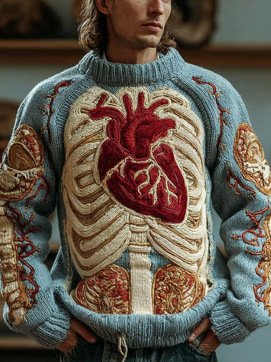 Vintage Halloween Human Anatomy Art Sense Thick Needle Blue Round Neck Sweater