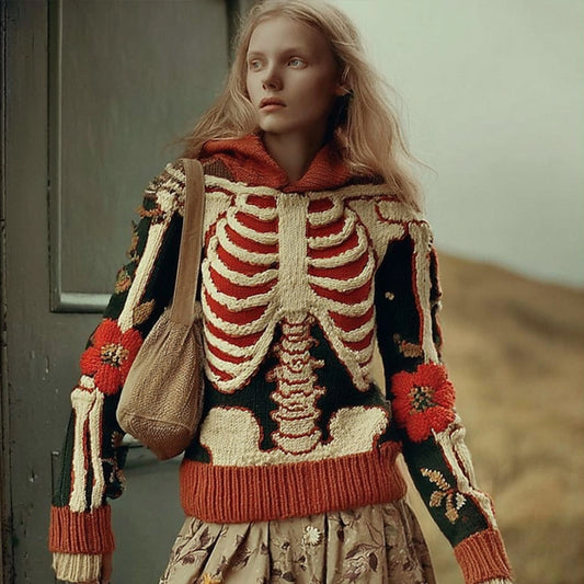 Women's Halloween Human Anatomy Art And Flower Vintage Hooded Sweater