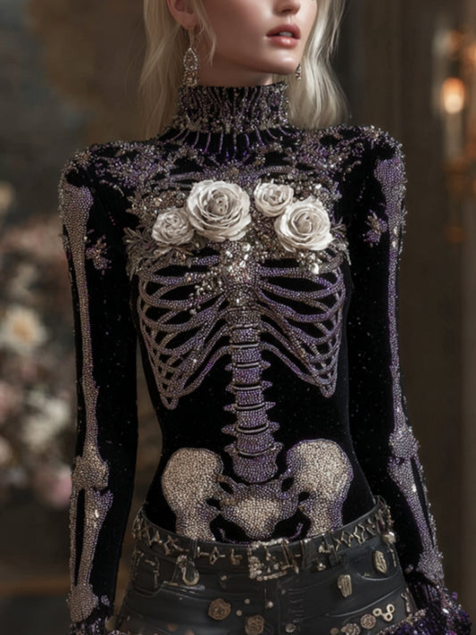 Women Halloween Ancient Skull And Flower High Collar Sweater