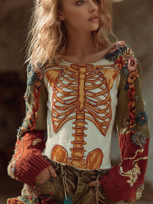Halloween Anatomy Art And Flower Colored Round Neck Sweater